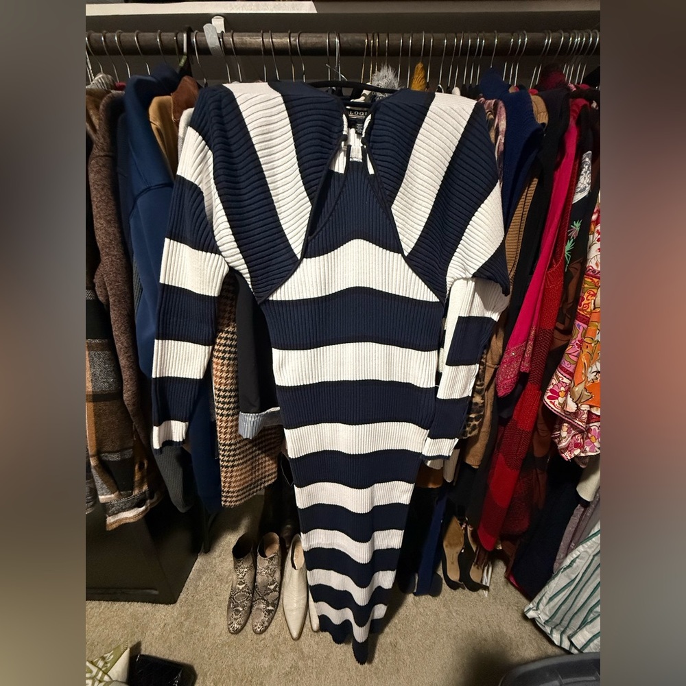 Eloquii Navy and White Striped Long Sleeve Dress